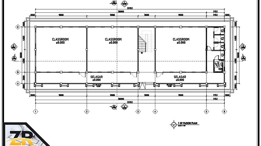 Jasa drafter autocad freelance untuk pembuatan denah bangunan sekolah dengan ruangan kelas dan selasar.