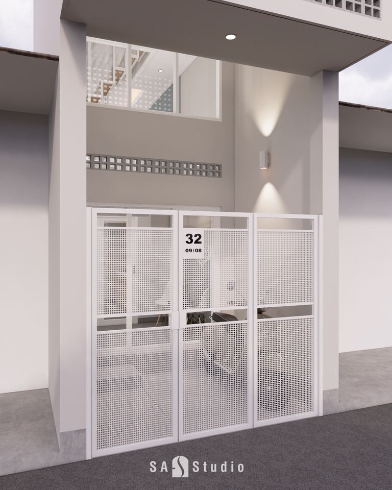 Desain eksterior rumah minimalis dengan pagar besi modern, jasa desain rumah 3d, desain arsitektur, desain exterior 3d.