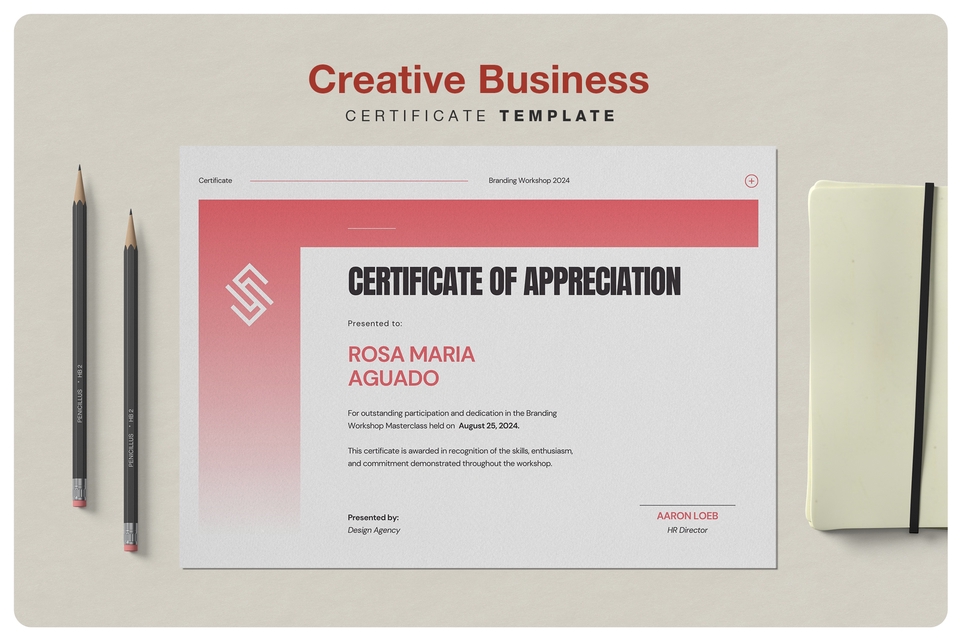 Contoh desain sertifikat penghargaan untuk pelatihan branding workshop, dengan nama Rosa Maria Aguado.