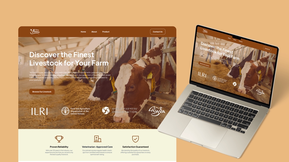 Desain UI UX website untuk pertanian dengan tampilan modern dan profesional, menampilkan gambar sapi dan desain website.