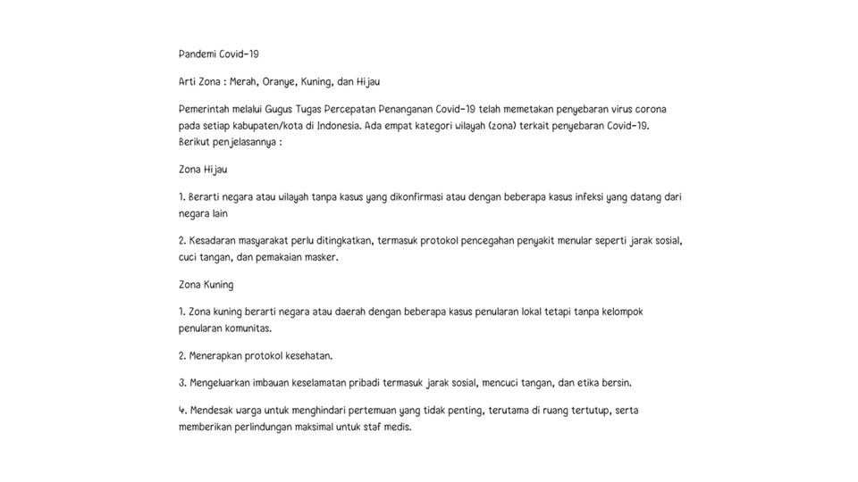 Terjemahan bahasa Indonesia: panduan penerjemahan zona terkait penyebaran virus corona di Indonesia.