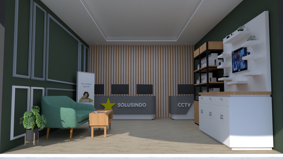 Desain lemari TV minimalis dengan rak dinding dan kursi kayu untuk ruang tamu modern.