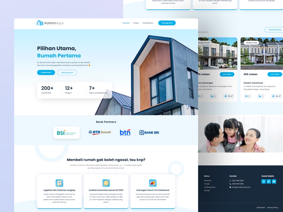 Desain UI UX website properti modern minimalis menampilkan mockup rumah dan ilustrasi keluarga, cocok untuk jasa desain UI UX freelancer.