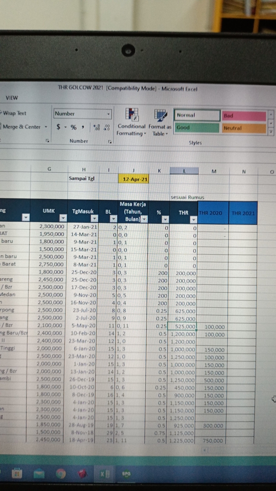 Jasa data entry excel untuk THR 2020 dan 2021 dengan detail data karyawan.