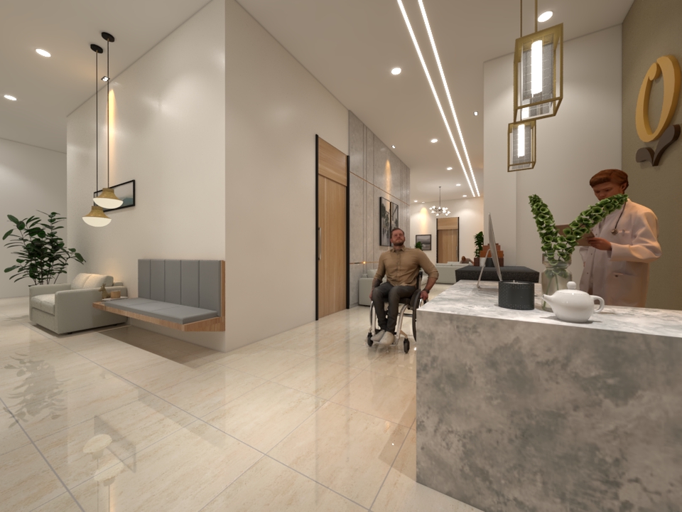 Jasa pembuatan animasi 3d untuk interior ruang tunggu modern dengan desain minimalis dan futuristik.