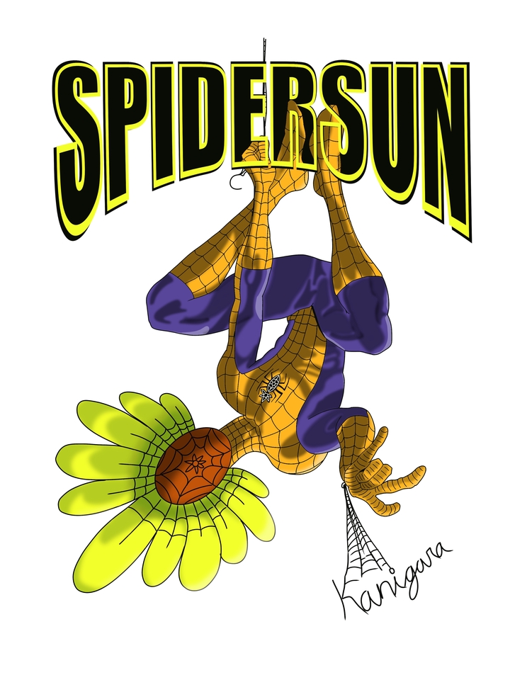 Jasa ilustrasi digital Spiderman bunga matahari, desain grafis unik, gambar kartun superhero.