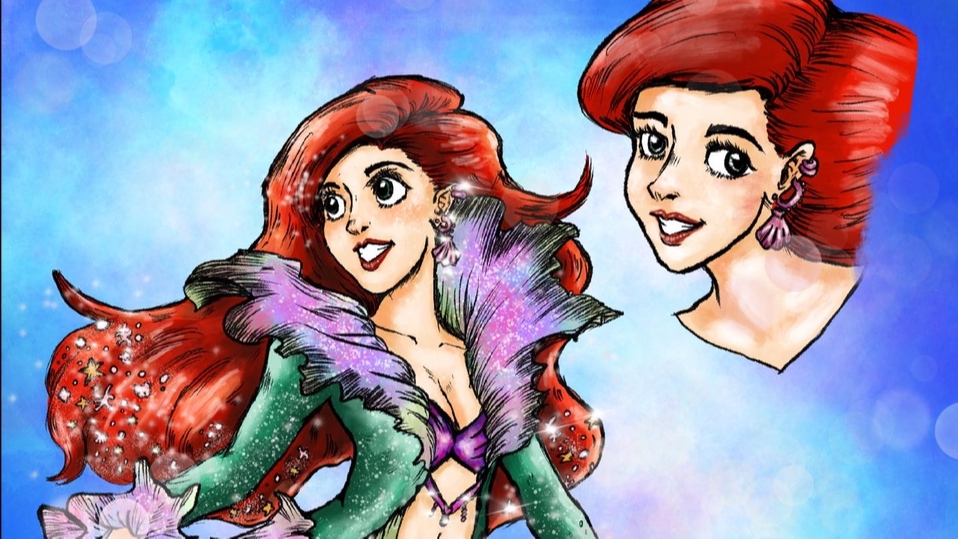 วาดแฟนอาร์ตเจ้าหญิงแอเรียล ในสไตล์การ์ตูน สวยงาม สีสันสดใส