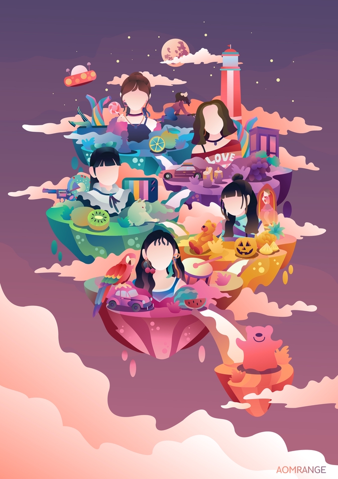 ภาพวาดเวกเตอร์ สีสันสดใส ของกลุ่มนักร้องหญิง บนพื้นหลังสีม่วง