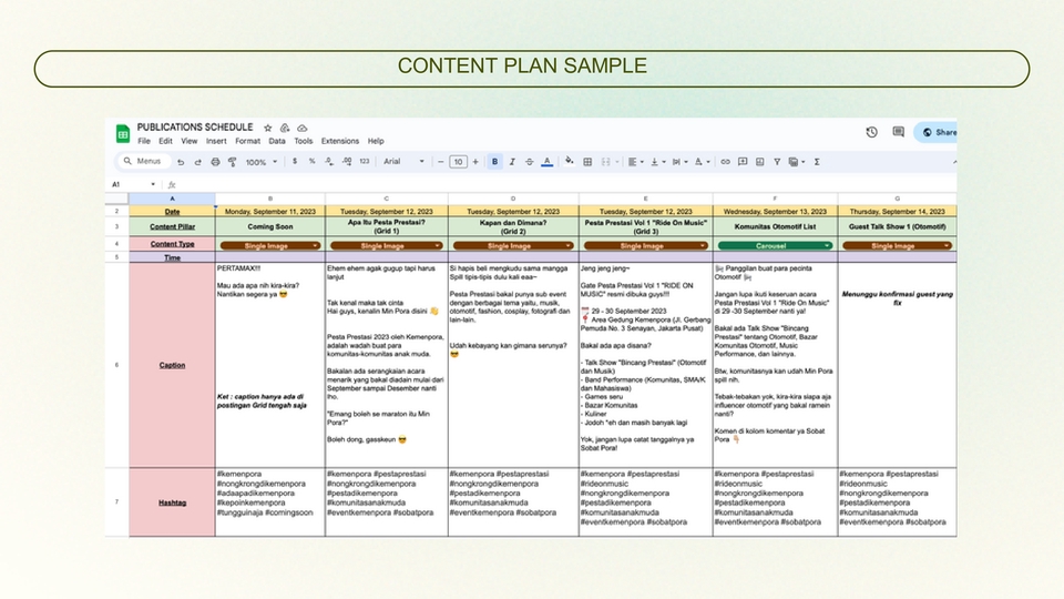 Contoh rencana konten untuk jasa digital marketing, termasuk strategi dan jadwal posting di media sosial dan Google Ads.