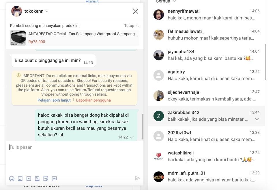 Jasa Admin Shopee: Tangkapan layar chat pelanggan dan admin toko online, melayani pertanyaan seputar produk dan ukuran tas selempang.