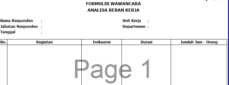 Jasa Analisis Data Statistik Beban Kerja - Formulir Wawancara dengan frekuensi, durasi, dan jumlah jam kerja
