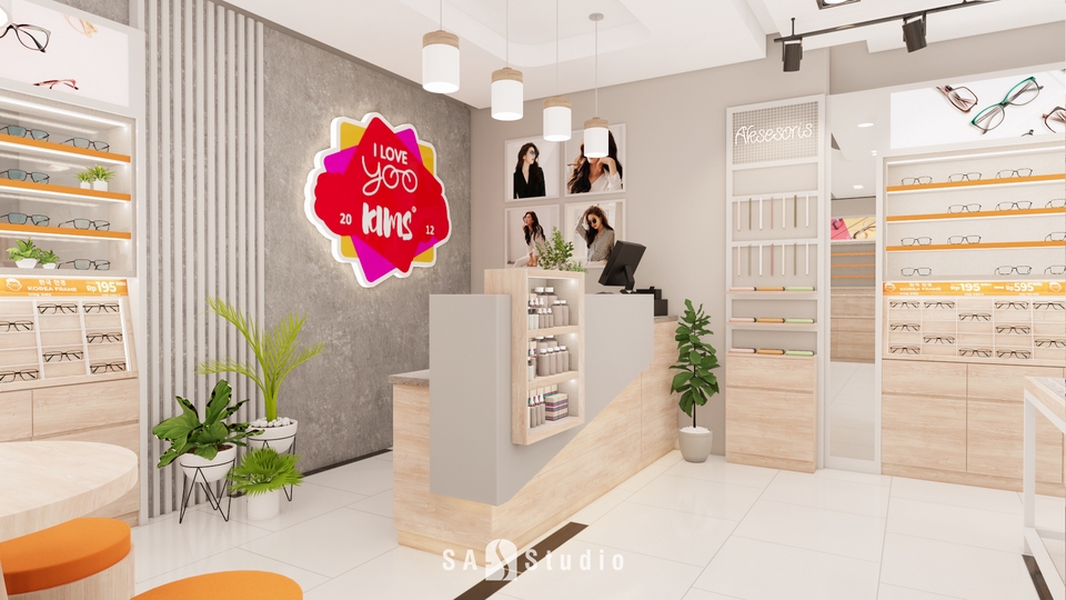 Jasa desain interior toko kacamata minimalis dengan logo unik dan rak display.