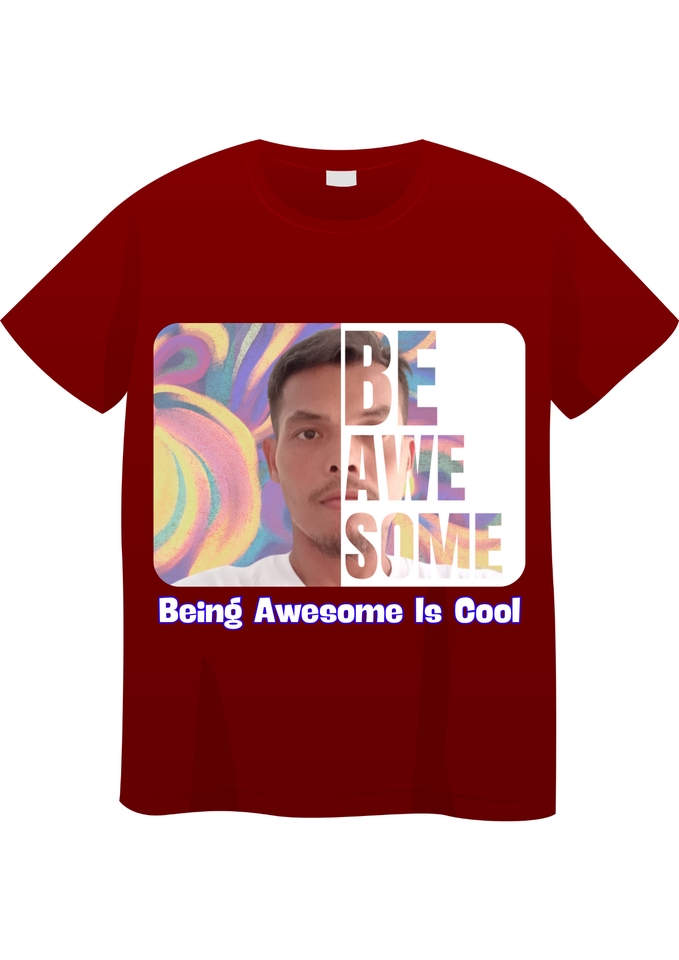 Desain kaos distro dengan gambar seorang pria dengan tulisan "Be Awesome Some" dan kalimat "Being Awesome Is Cool".