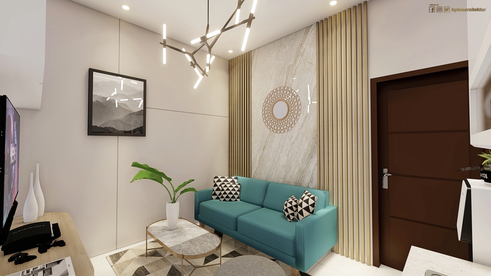 Jasa desain interior ruang tamu minimalis dengan sofa hijau toska, dekorasi dinding dan pencahayaan modern.