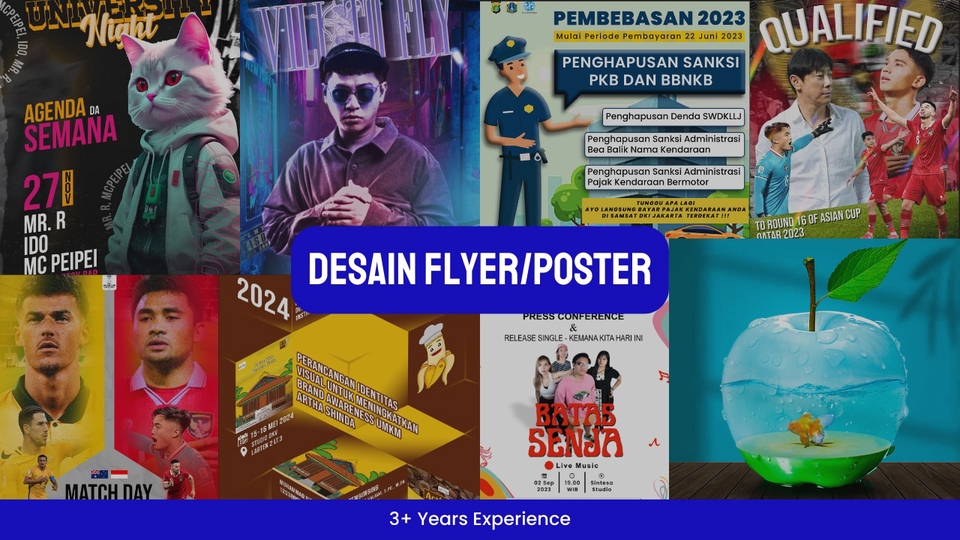 Desain flyer dan poster profesional dengan pengalaman lebih dari 3 tahun untuk kebutuhan branding dan promosi bisnis anda.