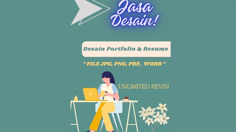 Jasa desain portofolio dan resume dengan layanan revisi unlimited, file siap cetak dalam format JPG, PNG, PDF, dan WORD.