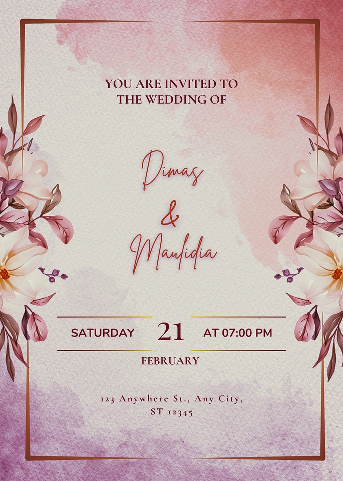 Desain undangan pernikahan unik dengan bunga berwarna pink dan desain elegan untuk Dimas dan Mauldia.