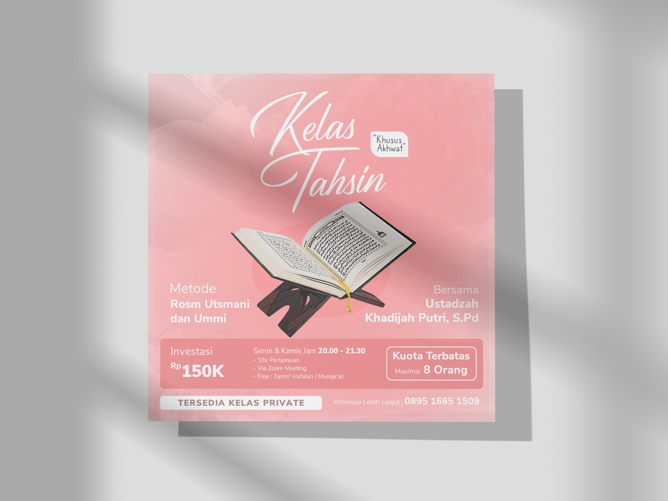 Jasa desain banner instagram untuk promosi kelas tahsin online dengan metode rohm utmani dan ummi, desain banner menarik dengan warna pink dan gambar quran