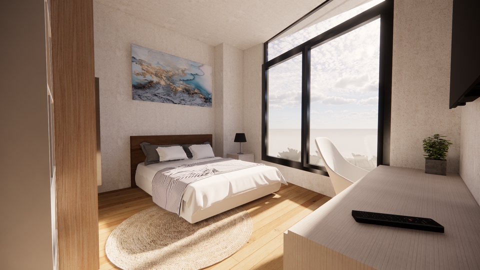 Jasa desain interior rumah minimalis dengan pemandangan laut dan desain interior ruangan yang modern.