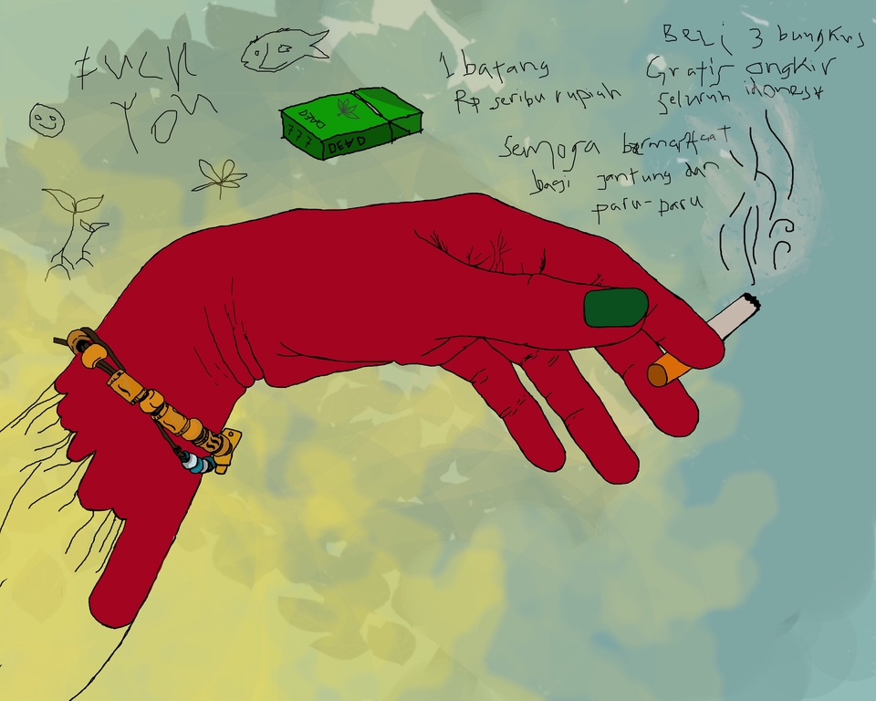 Ilustrasi tangan memegang rokok dengan latar belakang abstrak dan tulisan "fuck you". Layanan jasa ilustrasi desain.