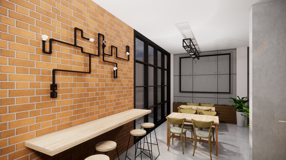 Jasa desain interior cafe minimalis modern dengan desain dinding cafe unik dan interior cafe menggunakan aplikasi sketchup.