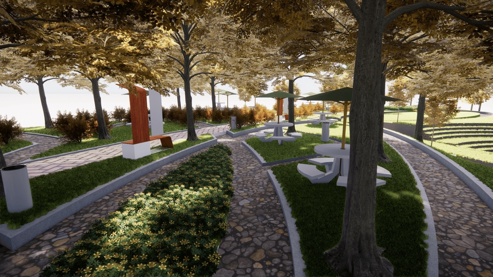 Jasa desain exterior 3d dengan taman dan bangku untuk proyek arsitektur dan desain interior