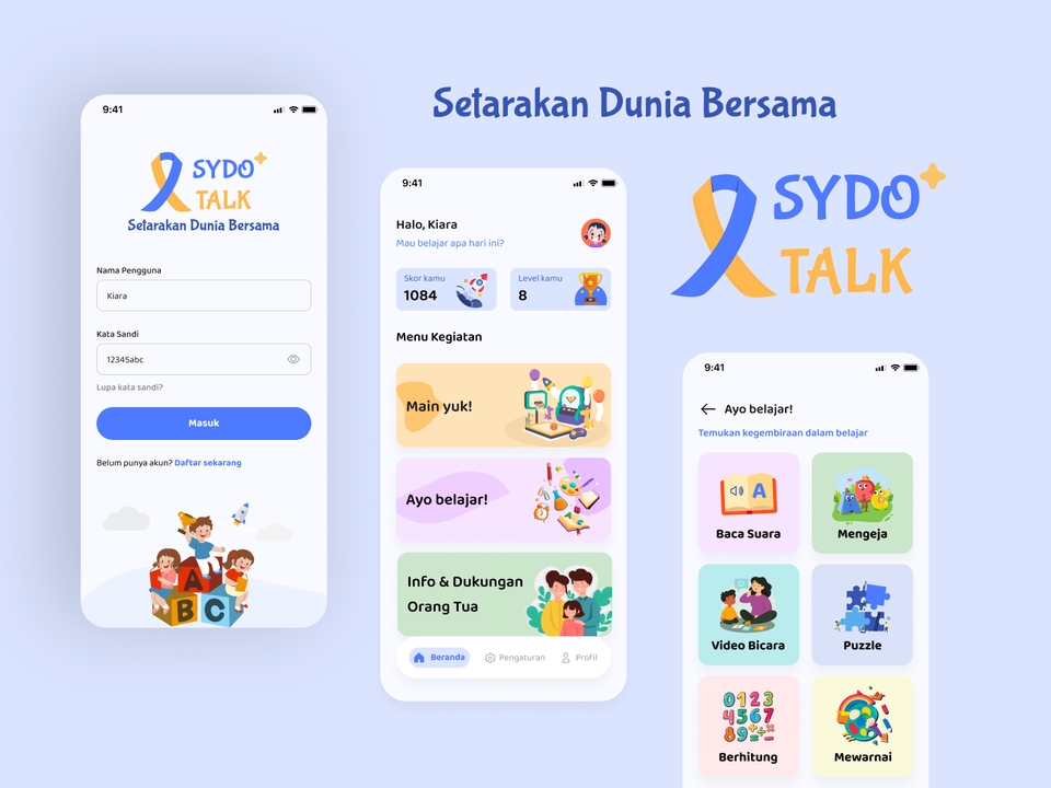 Desain aplikasi mobile untuk platform belajar anak-anak, termasuk fitur seperti membaca, menggambar, dan permainan, dengan logo dan warna yang menarik.