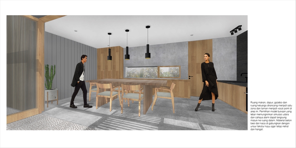 Jasa desain interior 3d untuk desain ruang makan minimalis modern dengan perabotan kayu dan lampu gantung