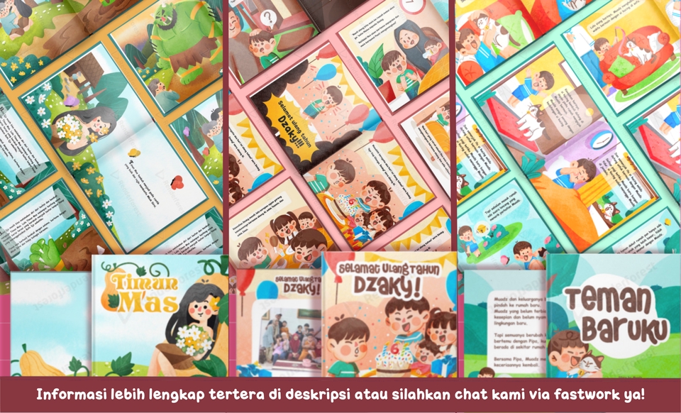 Jasa ilustrasi digital untuk buku cerita anak dengan desain gambar karakter hewan, buah, dan benda alam.