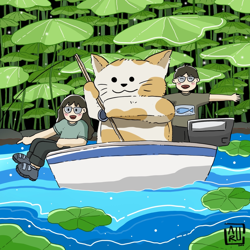 Jasa pembuatan animasi 3d kucing lucu sedang memancing di atas perahu dengan seorang perempuan.