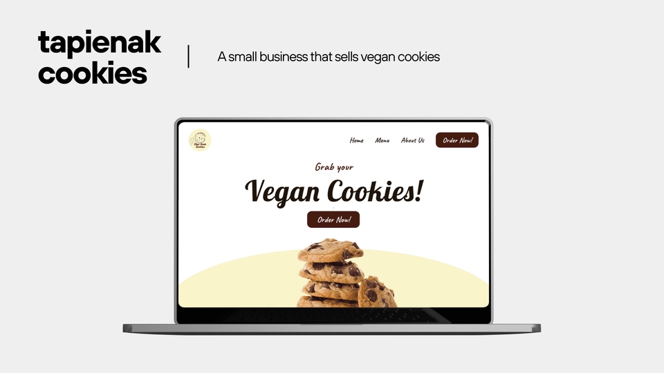 Desain website untuk bisnis cookies vegan, menampilkan UI UX design dengan mockup website dan gambar cookies