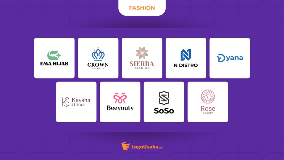 Desain logo untuk fashion, termasuk logo untuk hijab, restoran, kafe, dan toko online. Jasa pembuatan logo untuk bisnis fashion. Buat logo online untuk fashion di Indonesia.