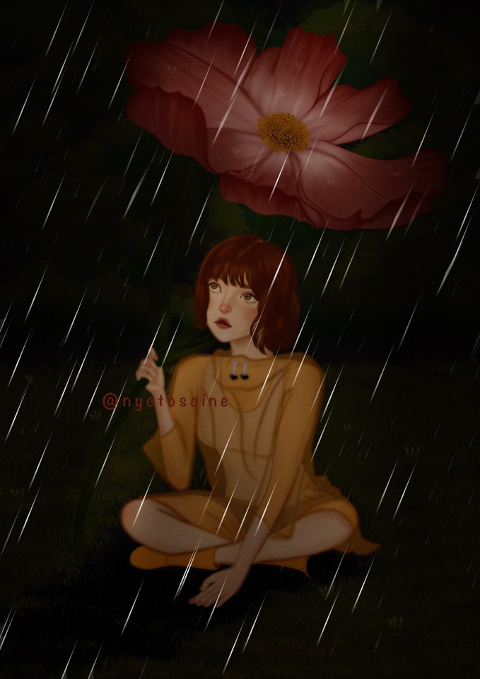 รับวาดภาพประกอบดิจิตอล ภาพสาวใต้ร่มดอกไม้ วาดภาพประกอบ ภาพวาดสวย