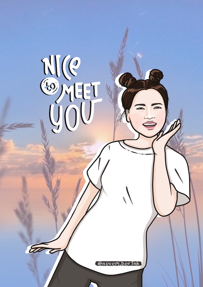 รับวาดภาพเหมือนการ์ตูน ผู้หญิง ยิ้ม แบมือ ทักทาย