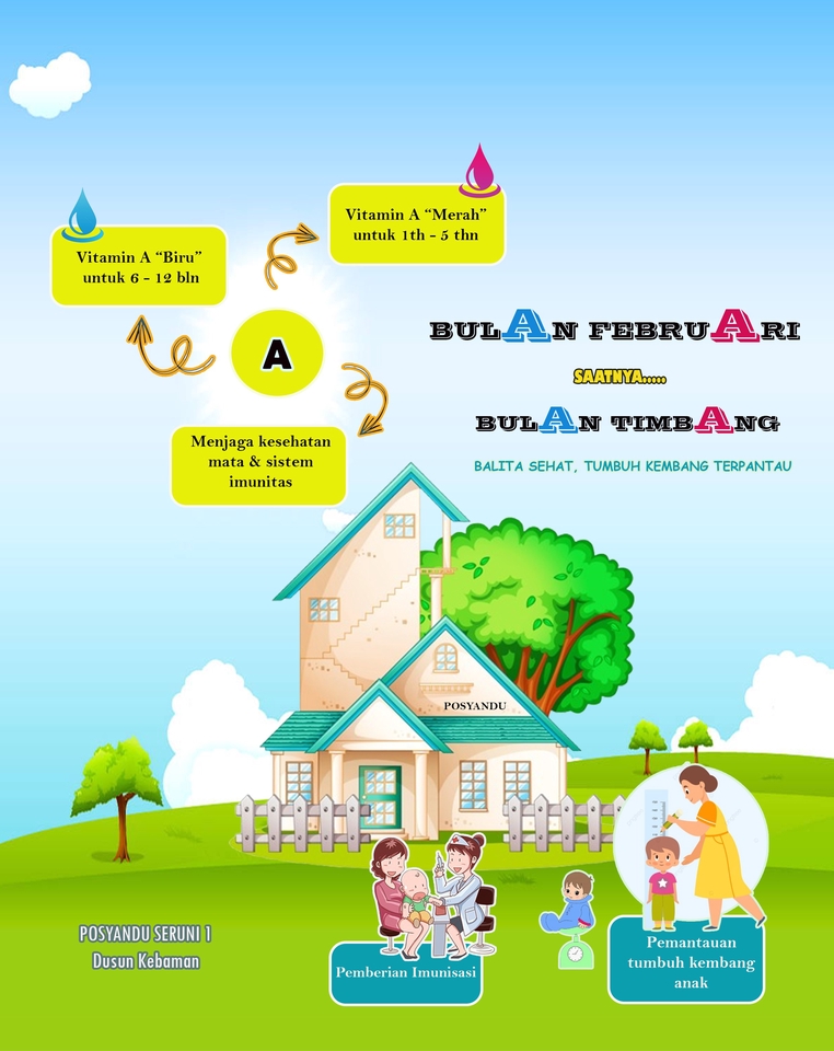 Kartu Imbauan Bulanan untuk Program Posyandu Seruni, Balita Sehat, Tumbuh Kembang Terpantau, Vitamin A, Imunisasi, Desain Spanduk, Desain Brosur, Desain Kartu Nama, Desain Poster, Desain Flyer,  Jasa Desain, Desain Grafis, Desain Digital Printing.