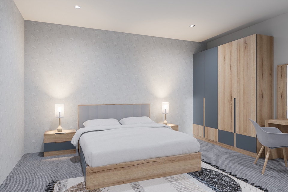 Desain interior kamar tidur minimalis dengan warna abu-abu dan kayu, cocok untuk rumah atau apartemen modern.