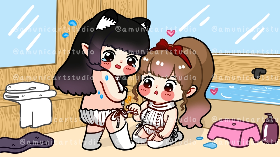 รับวาดรูป วาดภาพประกอบสไตล์น่ารักในห้องน้ำ มีตัวการ์ตูนหญิงสาวสองคนกำลังผูกเชือกรองเท้าให้กัน วาดภาพประกอบนิทาน การ์ตูนน่ารัก ภาพวาดดิจิทัล รับวาดรูปการ์ตูน ภาพประกอบสำหรับเด็ก ภาพวาดสวยๆ งานวาดภาพ digital painting
