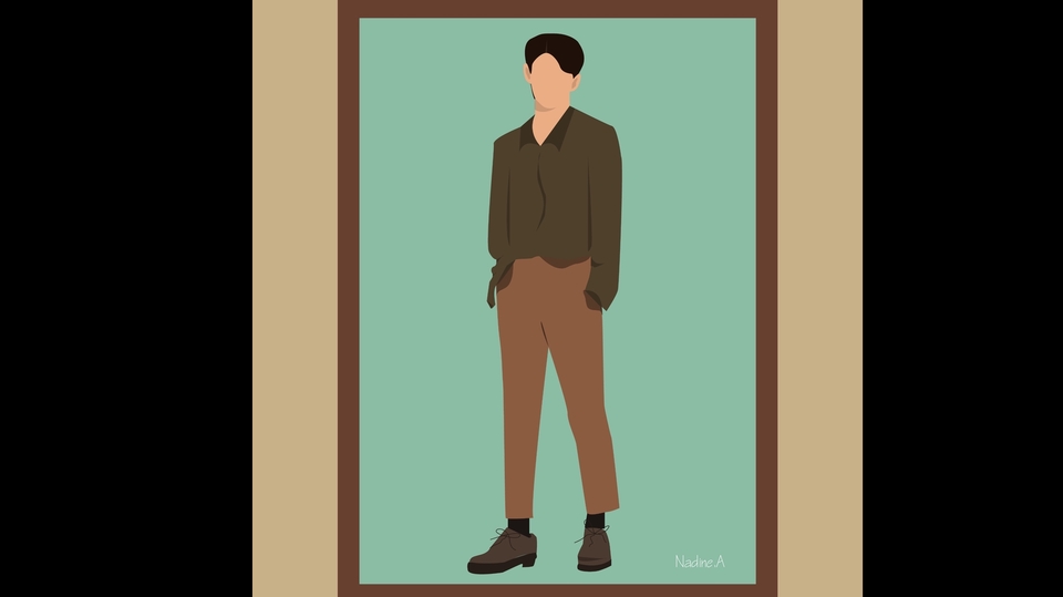 Ilustrasi digital pria memakai baju coklat dan celana krem sedang berdiri