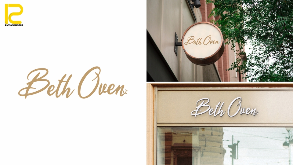 Desain logo "Beth Owen" dengan warna emas dan putih, cocok untuk logo perusahaan atau usaha.