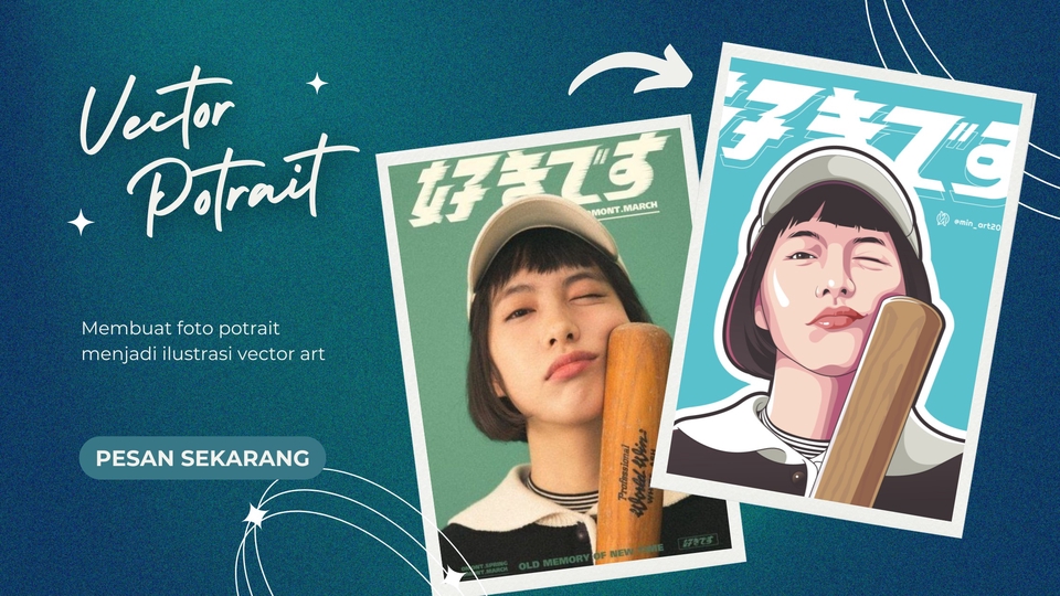 Jasa karikatur desain vektor wajah, ilustrasi karikatur wajah wanita dengan background warna biru dan hijau.