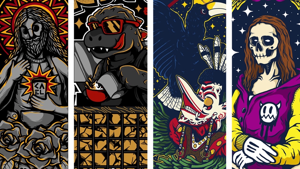 Desain kaos distro modern dengan motif ilustrasi keren dan unik.