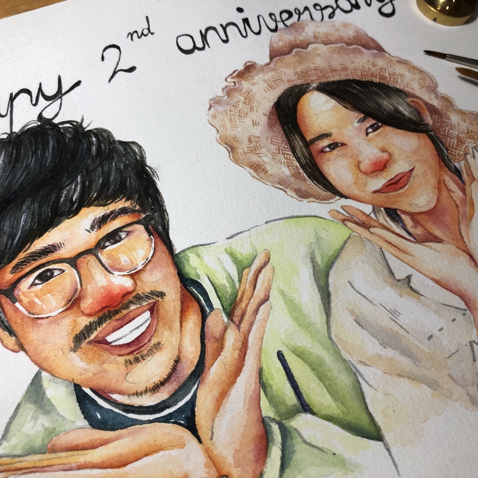 รับวาดภาพเหมือน การ์ตูน คู่รัก สีน้ำ ภาพวาดคู่รัก