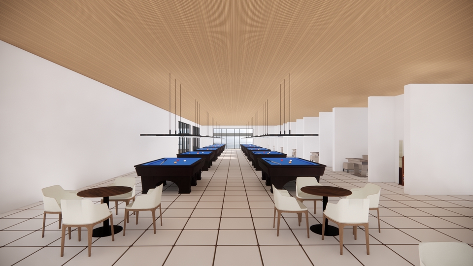 Desain interior ruang bermain biliar dengan desain minimalis dan modern, lengkap dengan meja dan kursi untuk bersantai.