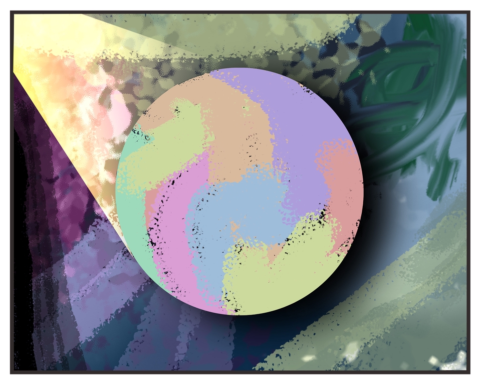 Ilustrasi digital warna-warni abstrak dengan berbagai bentuk dan warna