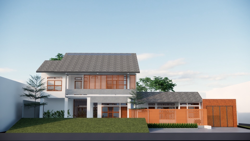 Jasa desain eksterior 3d rumah minimalis modern dengan taman kecil dan pagar kayu