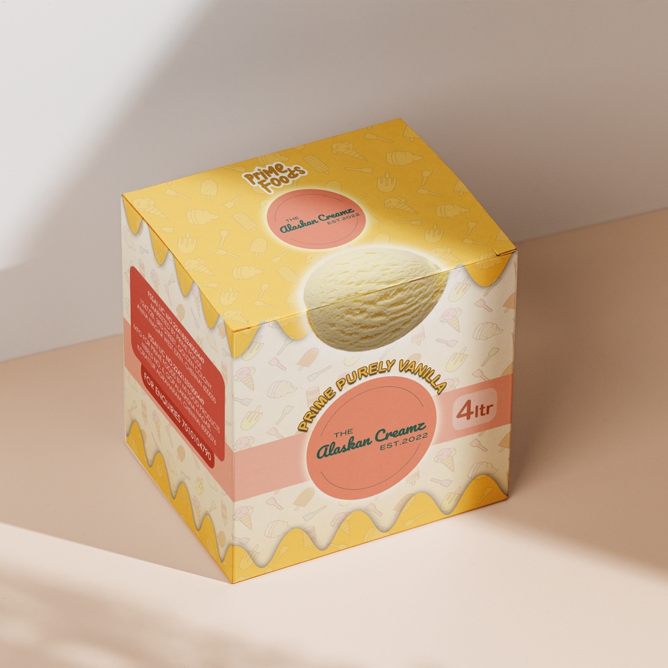 Desain Kemasan Unik untuk Produk Susu Vanila Alaska Creme dengan Label Stiker Makanan dan Desain Box Makanan 4 Ltr