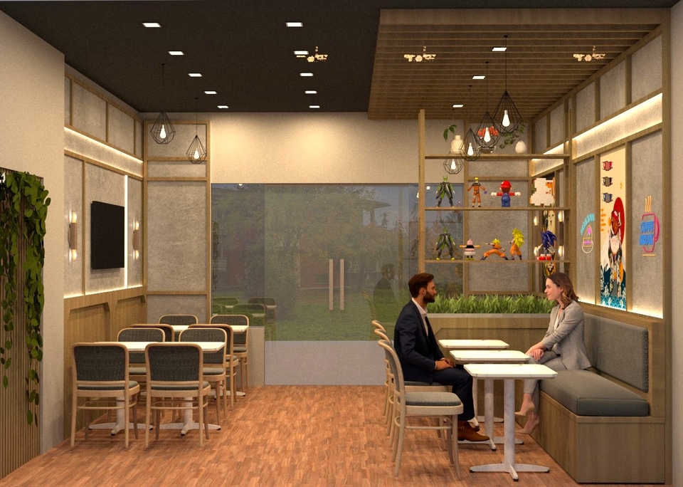 Jasa desain interior kafe minimalis dengan meja dan kursi kayu
