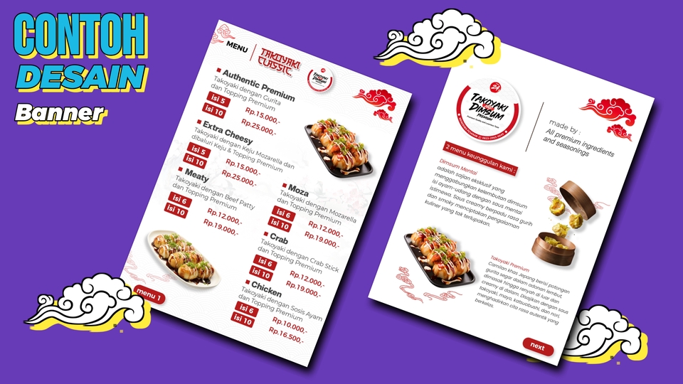 Desain banner promosi Takoyaki, jasa desain banner online untuk Instagram dan Facebook. Buat banner unik dan keren untuk bisnis kuliner Anda.