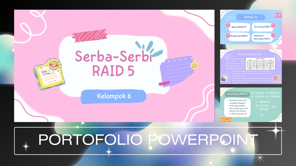 Jasa pembuatan presentasi powerpoint serba serbi raid 5 dengan desain slide menarik dan profesional untuk presentasi kuliah, bisnis, seminar dan event.