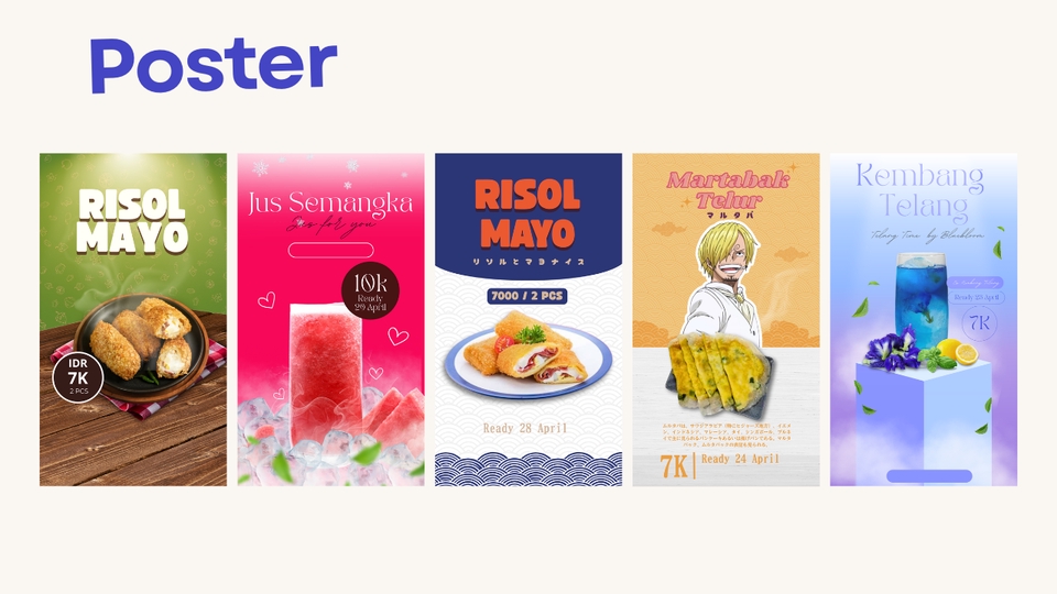 Jasa Desain Banner Promosi Makanan dan Minuman Instagram: Risol Mayo, Jus Semangka, Kembang Telang, dan lainnya. Desain Banner Unik dan Menarik untuk Media Sosial.